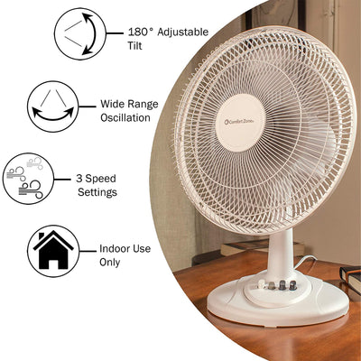 Comfort Zone 12" High Velocity 3 Speed Adjustable Oscillating Table Fan, White - VMInnovations