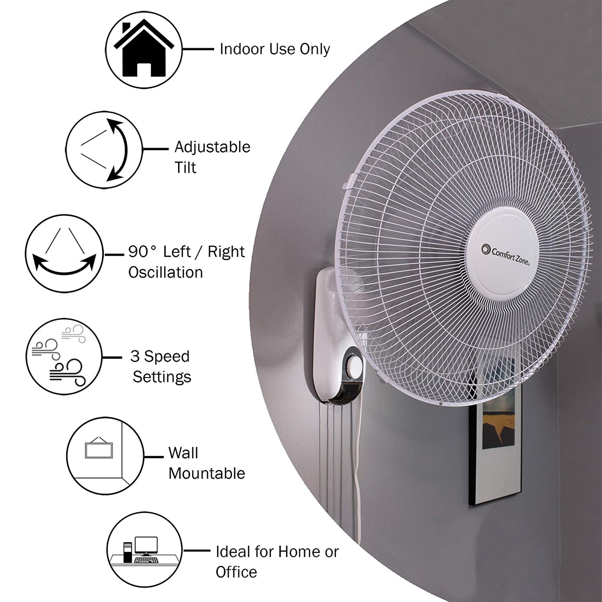 Comfort Zone 16 Inch 3 Speed Adjustable Oscillating Indoor Mountable Fan, White