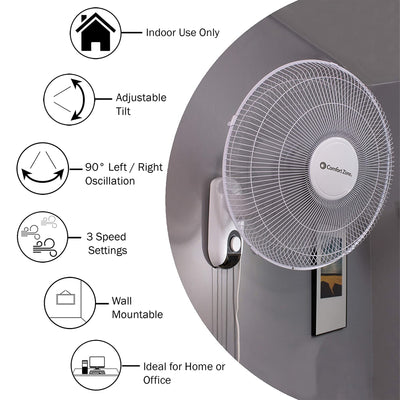 Comfort Zone 16 Inch 3 Speed Adjustable Oscillating Indoor Mountable Fan, White