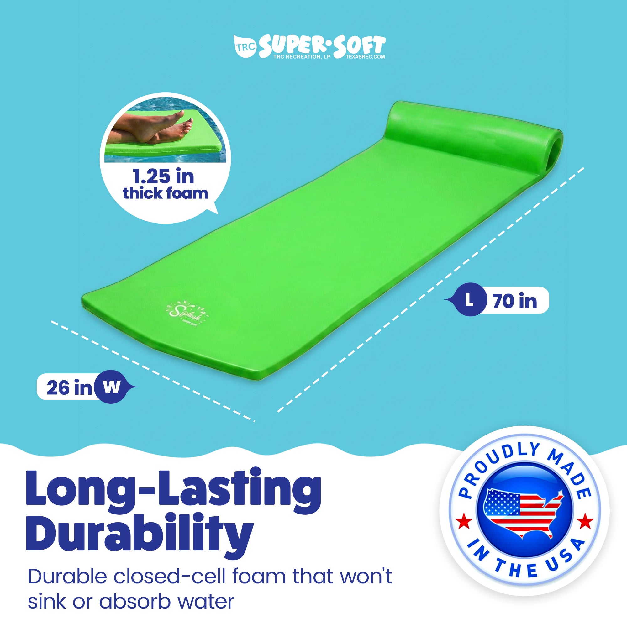 TRC Recreation Splash 1.25" Thick Foam Pool Float Mat, Fierce Green (Open Box) - VMInnovations