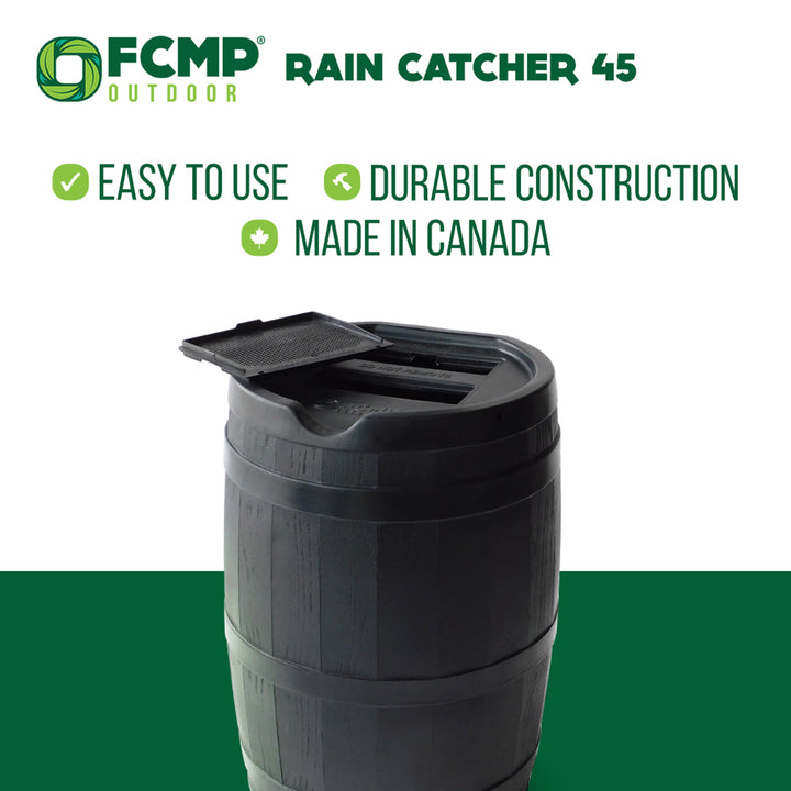 FCMP Outdoor RC45 45 Gallon Outdoor Rain Water Catcher Barrel Container, Black