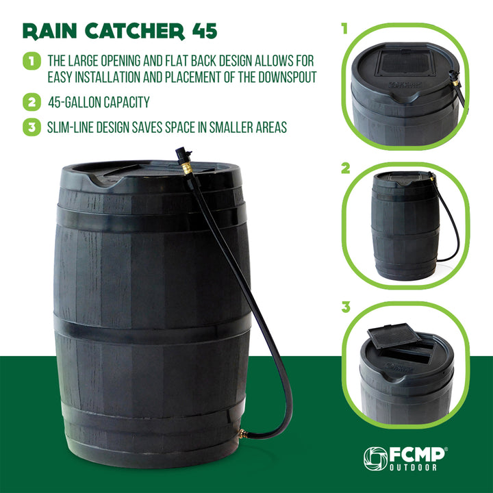 FCMP Outdoor RC45 45 Gallon Outdoor Rain Water Catcher Barrel Container, Black