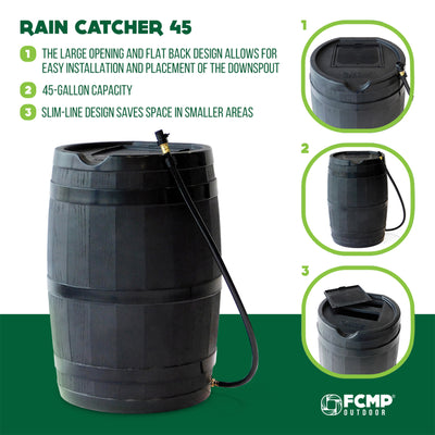 FCMP Outdoor Rain Barrel with Flat Back for Plants & Gardens, Black (Open Box)