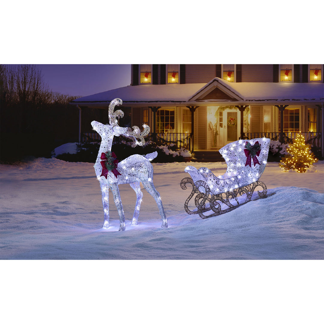 NOMA Pre Lit White LED Reindeer and Sleigh Holiday Lawn Decoration Set(Open Box)