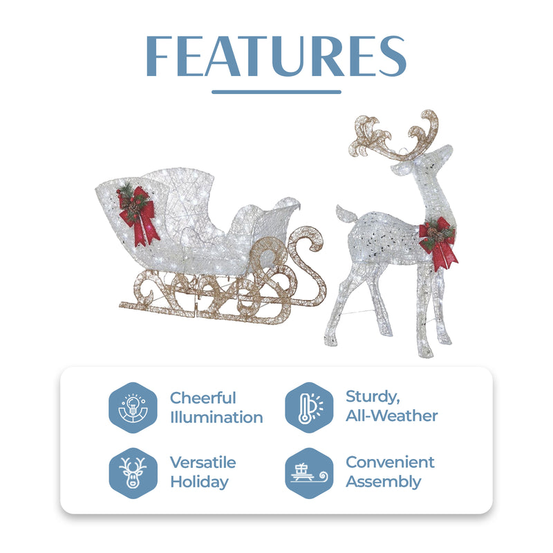 Noma Pre Lit White LED Reindeer and Sleigh Outdoor Holiday Lawn Decor Set (Used)