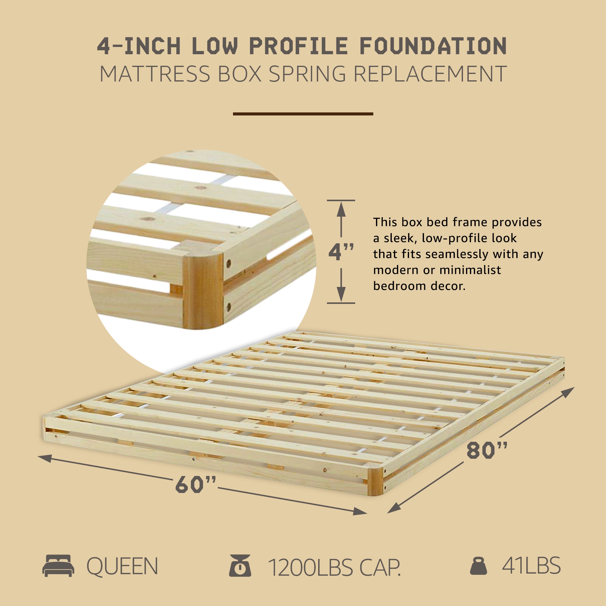 Hercules 4 Inch Low Profile Foundation Mattress Box Spring Replacement, Queen