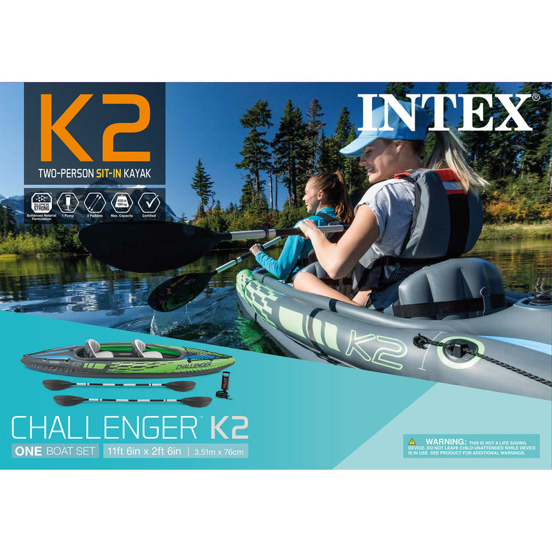 Intex Challenger K2 Two Person Inflatable Kayak Kit with Oars & Pump (Open Box)