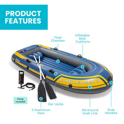 Intex 68370EP Challenger 3 Inflatable Raft Boat Set With Pump And Oars, Blue - VMInnovations