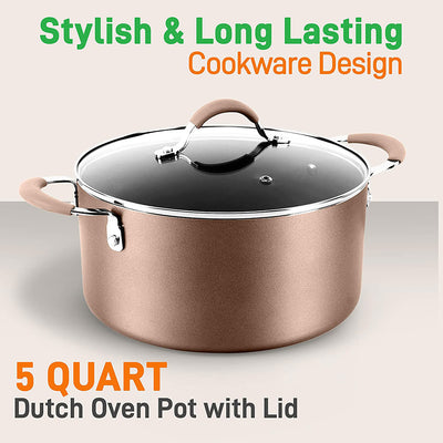NutriChef 5 Quart Non Stick Metal Dutch Oven with Lid & Stay Cool Handles, Brown