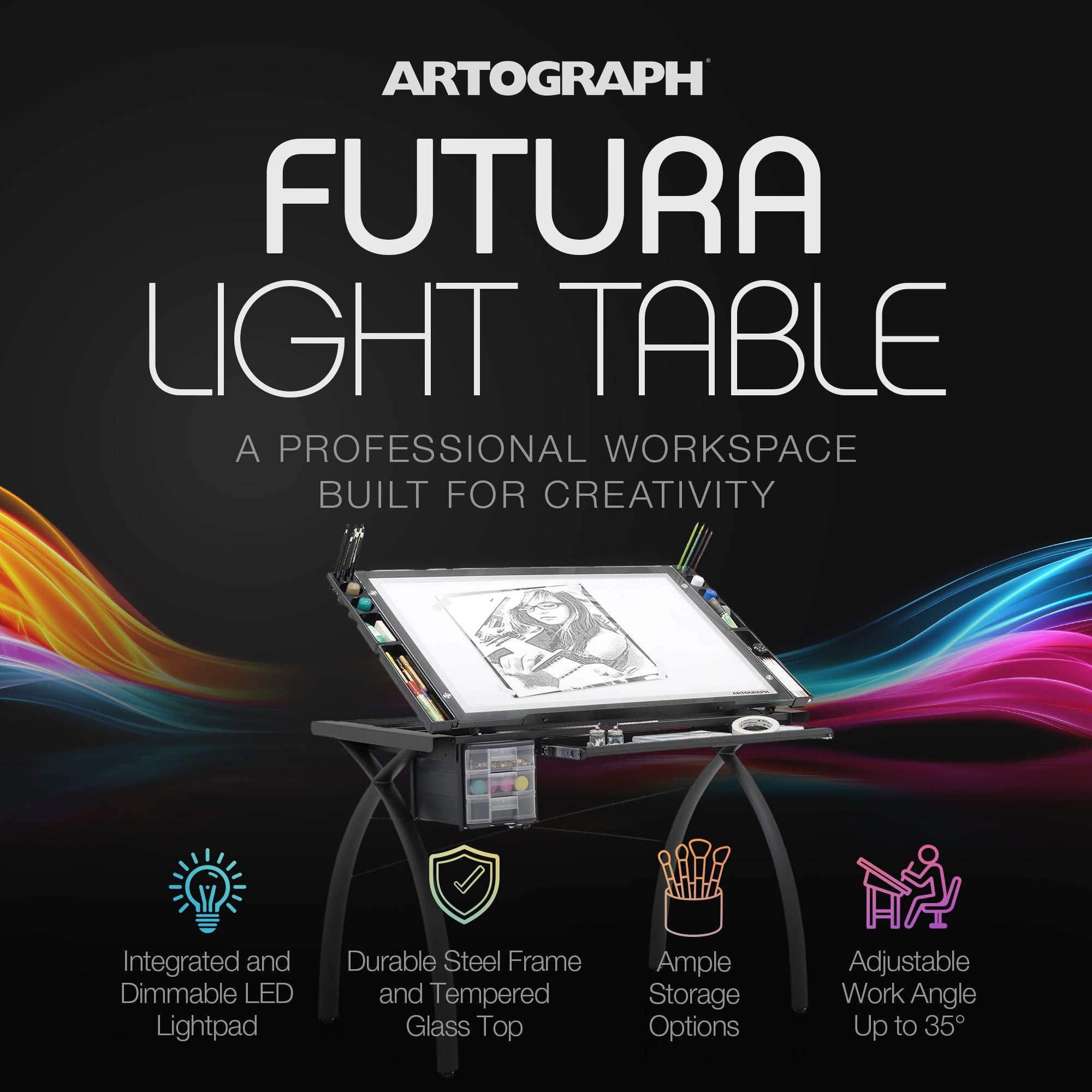 Artograph Light Table for Artists w/Storage & Dimmable Glass Work Top (Open Box) - VMInnovations