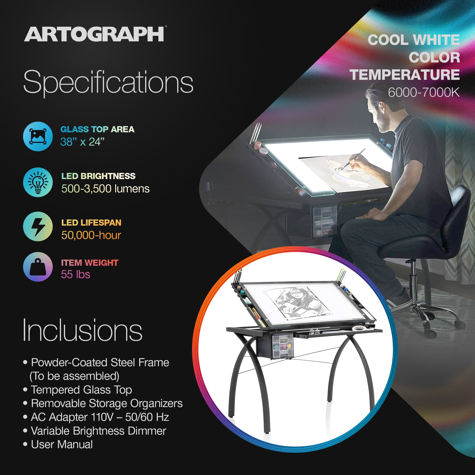 Artograph Light Table for Artists w/Storage & Dimmable Glass Work Top (Open Box) - VMInnovations