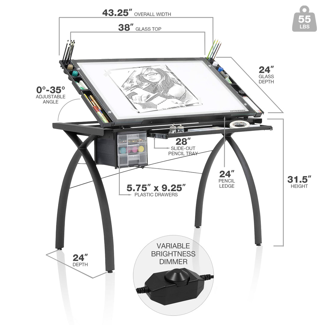 Artograph Futura Light Table for Artists with Storage & Dimmable Glass Work Top