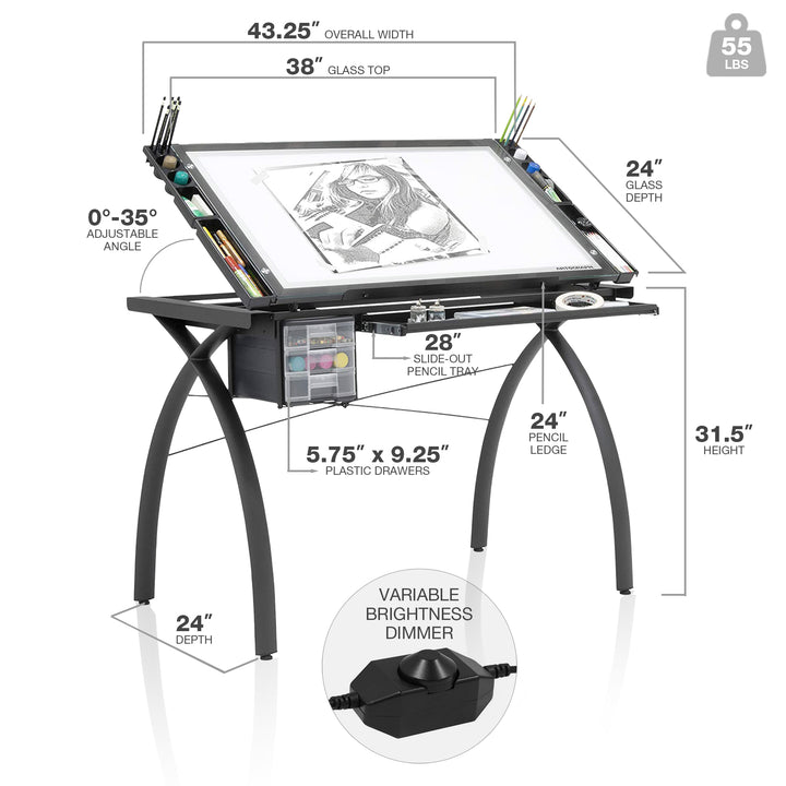 Artograph Futura Light Table for Artists with Storage & Dimmable Glass Work Top