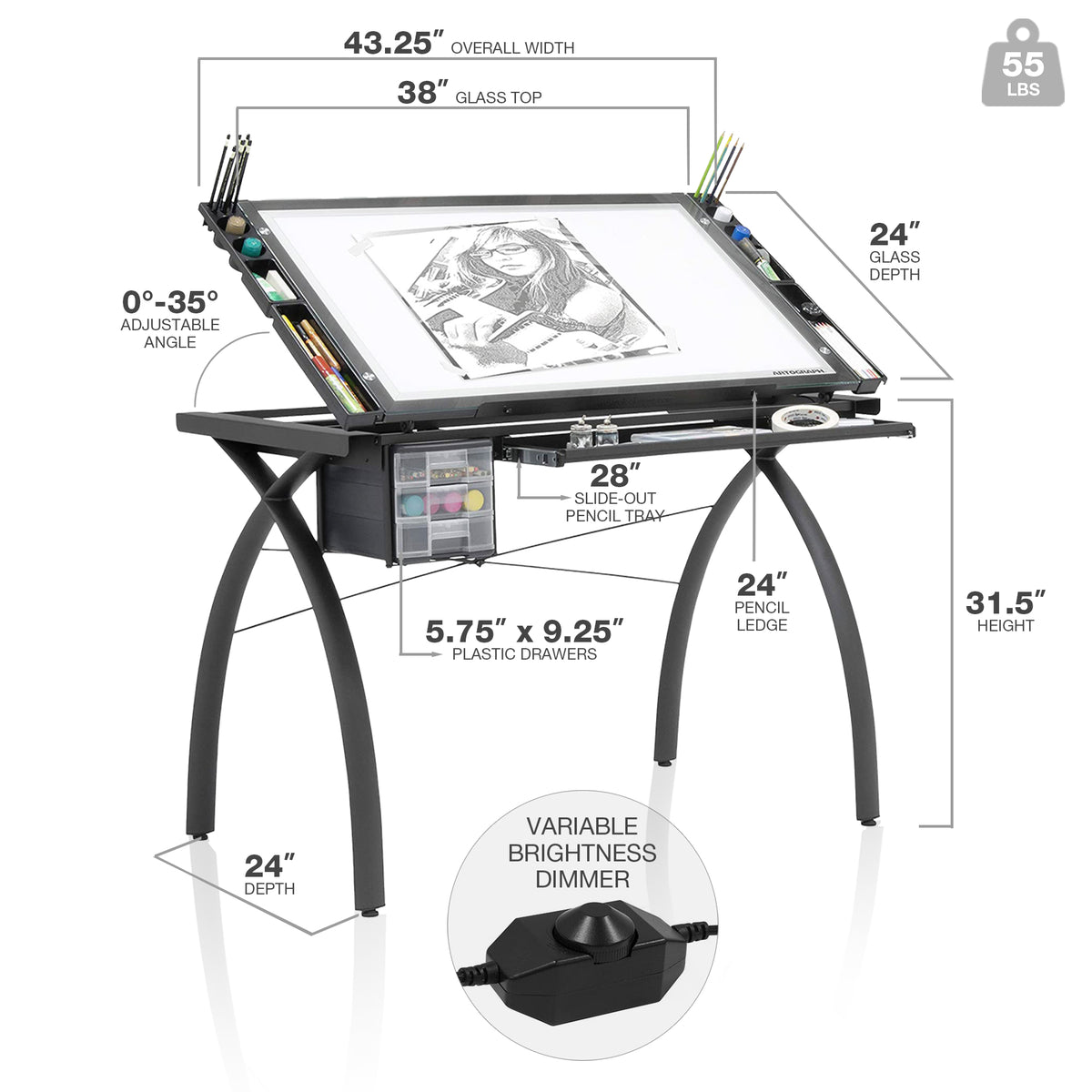 Artograph Futura Light Table for Artists with Storage & Dimmable Glass Work Top