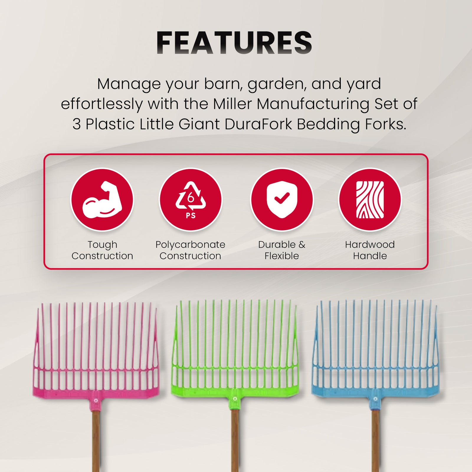 Miller Manufacturing PDF1A Set of 3 Plastic Little Giant DuraFork Bedding Forks - VMInnovations