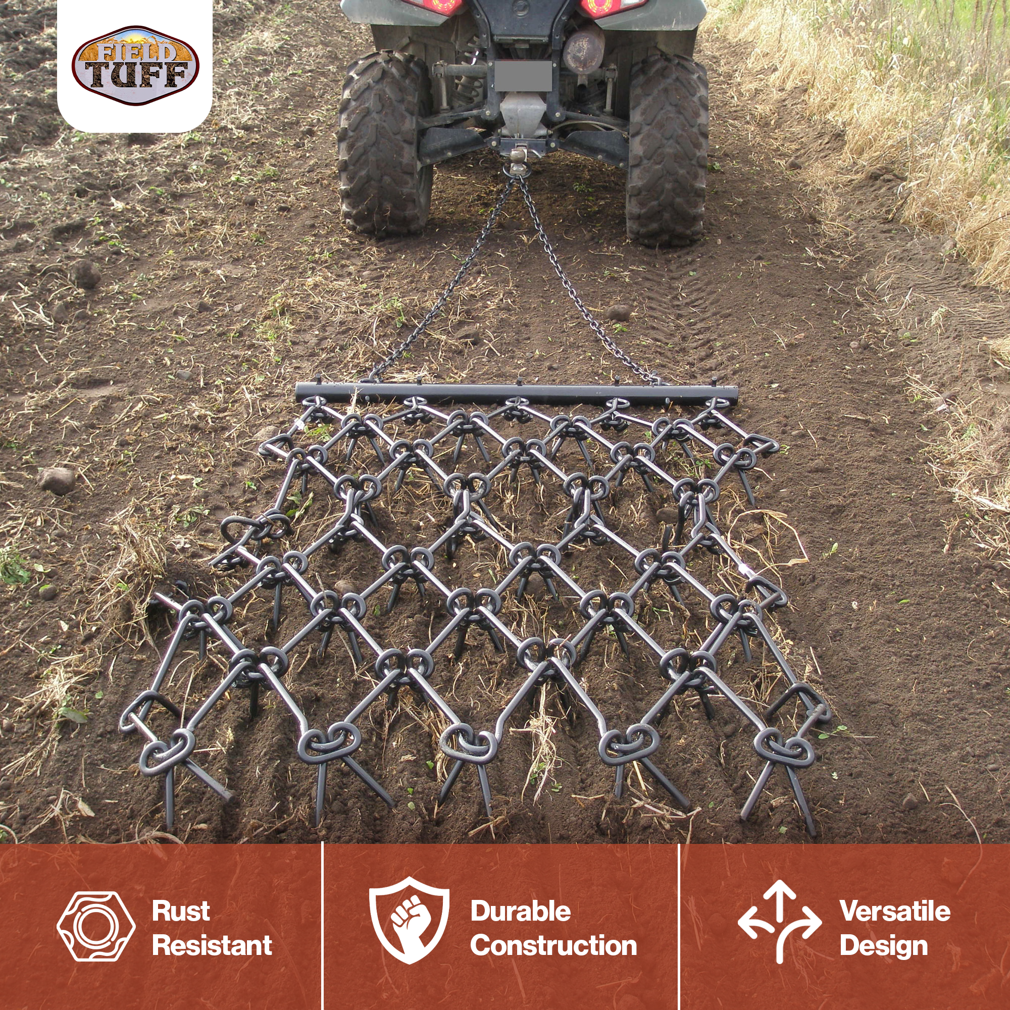 Field Tuff 4x4 Foot Steel Durable Chain Rake Field Leveling ATV Drag Harrow