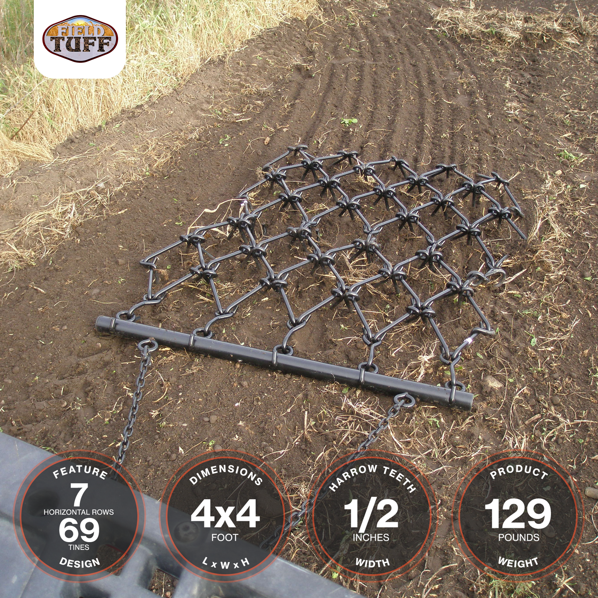 Field Tuff 4x4 Foot Steel Durable Chain Rake Field Leveling ATV Drag Harrow