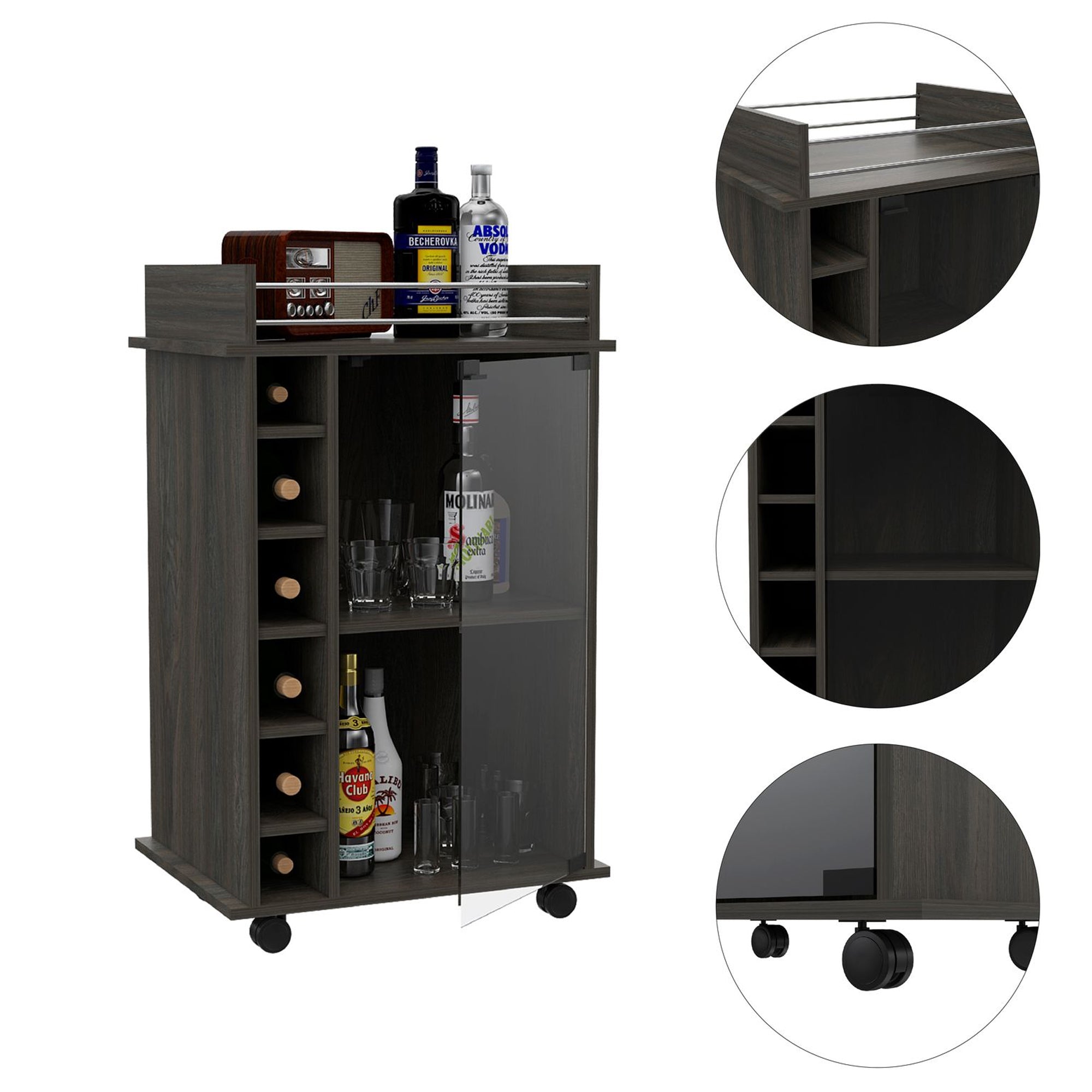 TUHOME Dukat Wine and Liquor Bar Storage Cabinet Cart with Glass Door, Espresso