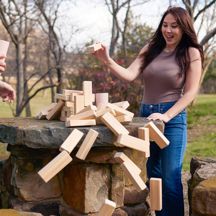 YardGames Jr Tumbling Timbers Wood Stacking Game w/ 54 Pine Blocks (Open Box)