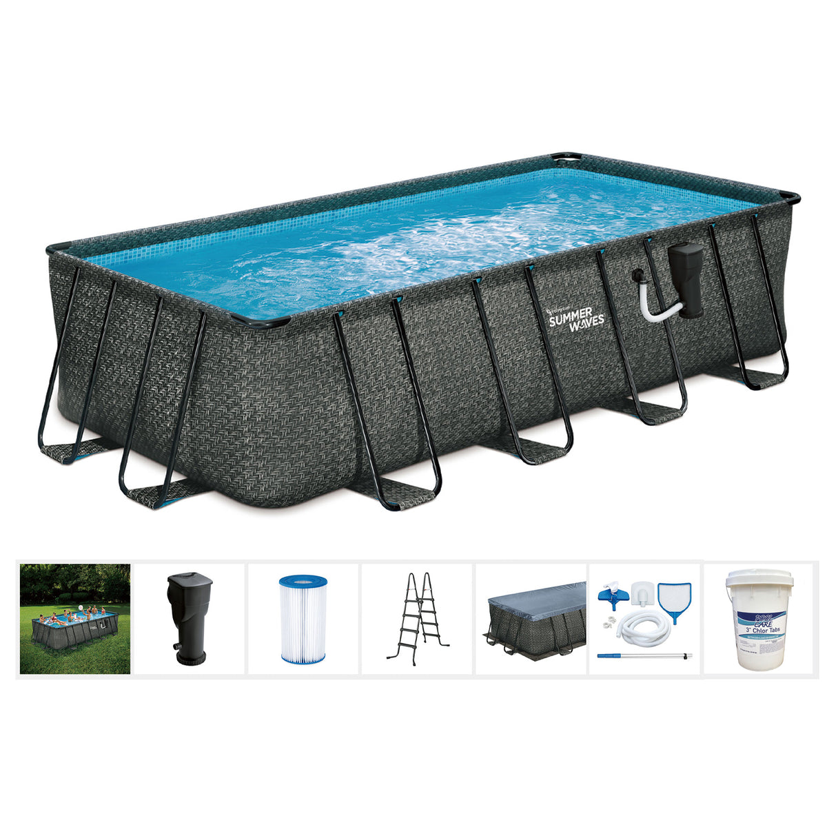 Summer Waves 18ft x 9ft x 52in Above Ground Rectangle Frame Swimming Pool Set