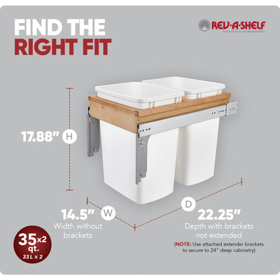 Rev-A-Shelf Double Pullout Top Mount Trash Cans 35 qt., White, 4WCTM-18DM2-175