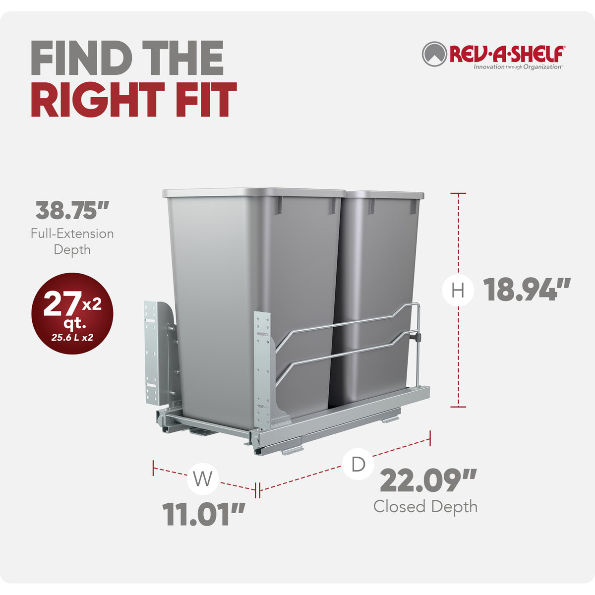 Rev-A-Shelf Double Pullout Trash Can 27 qt. with Soft-close, 53WC-1527SCDM-217