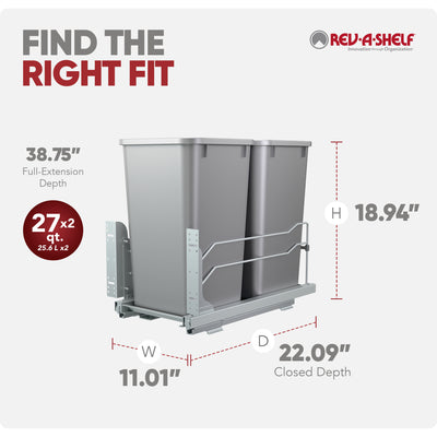 Rev-A-Shelf Double Pullout Trash Can 27 qt. with Soft-close, 53WC-1527SCDM-217