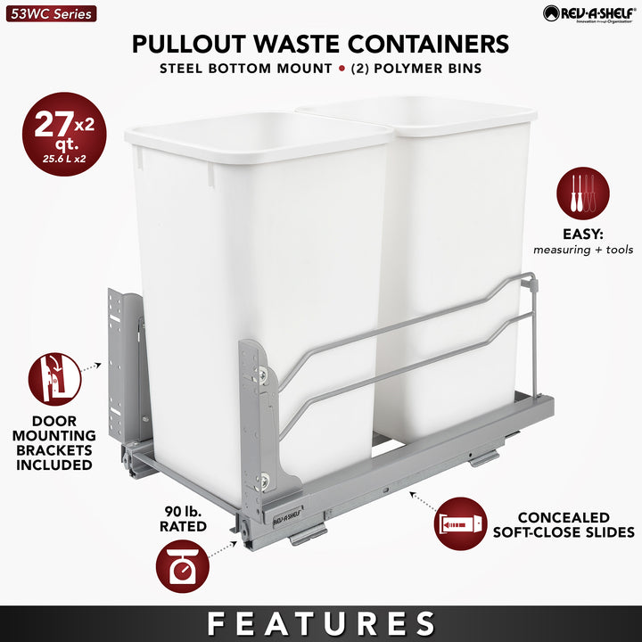 Rev-A-Shelf Double Pullout Trash Can 27 qt. with Soft-close, 53WC-1527SCDM-217