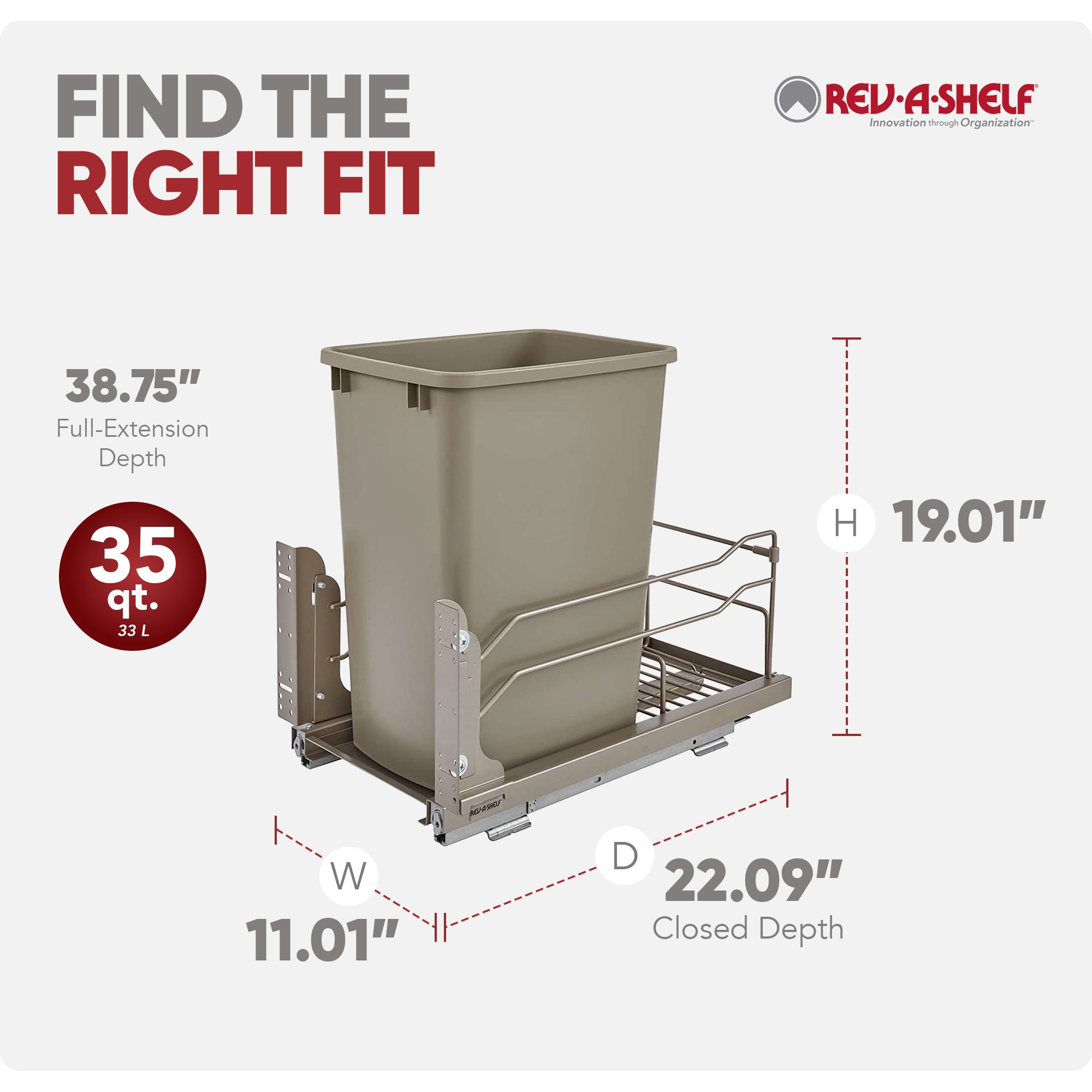 Rev-A-Shelf Pullout Kitchen Trash Can 35 qt. with Soft-close, 53WC-1535SCDM-112 - VMInnovations