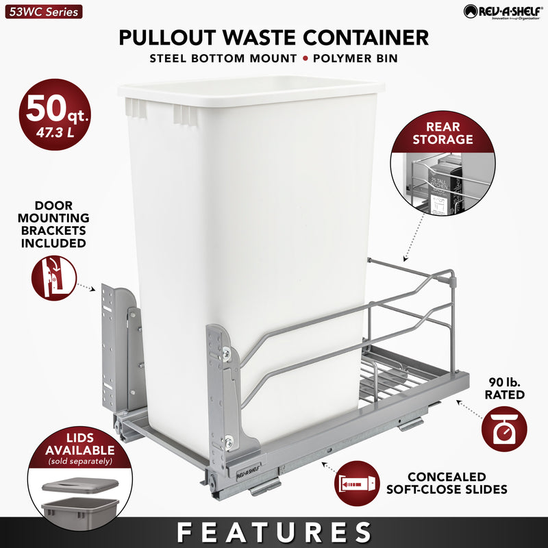 Rev-A-Shelf Pull Out Kitchen Trash Can 50 Qt with Soft-Close, 53WC-1550SCDM-112