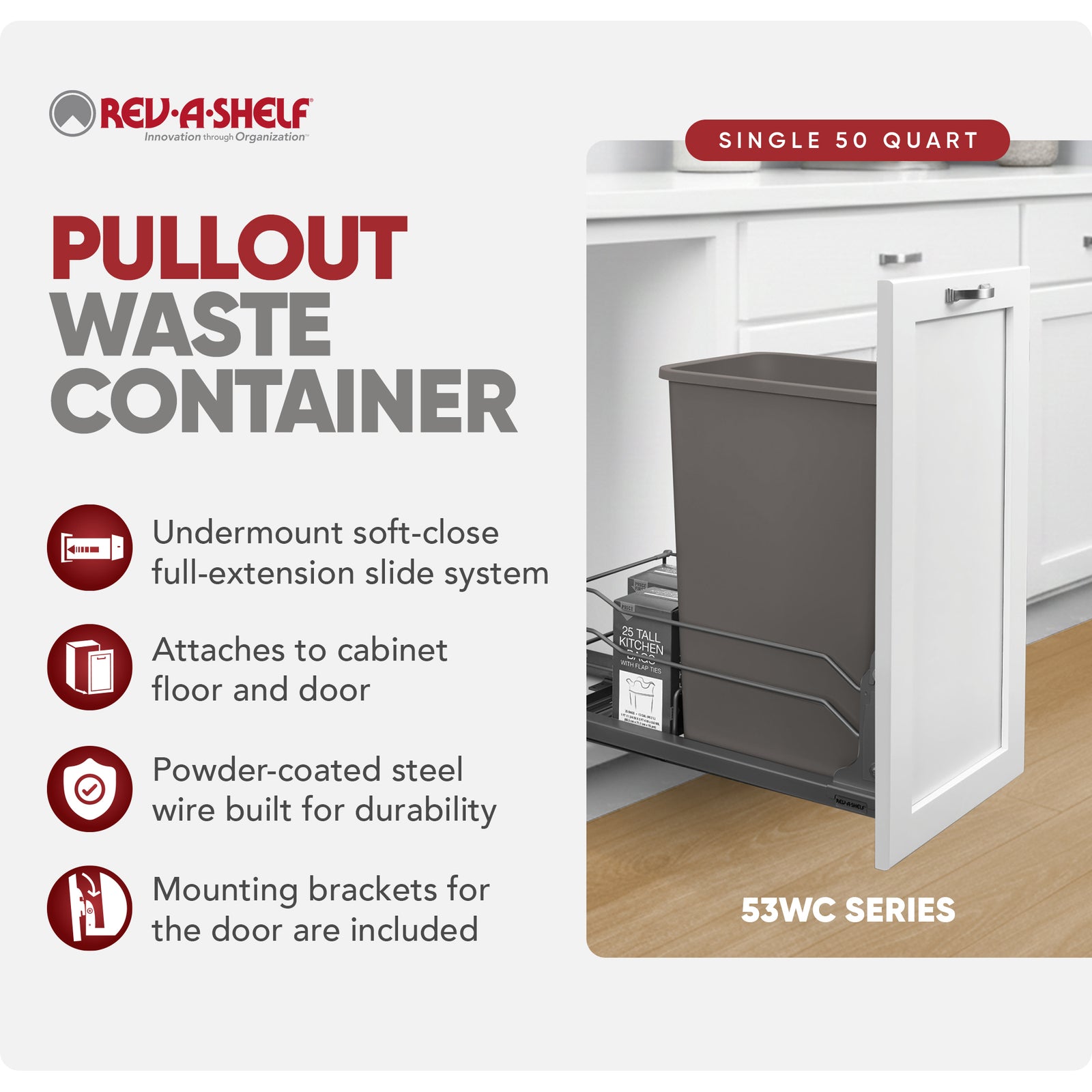 Rev-A-Shelf Pullout Kitchen Trash Can 50 qt. with Soft-close, 53WC-1550SCDM-113 - VMInnovations