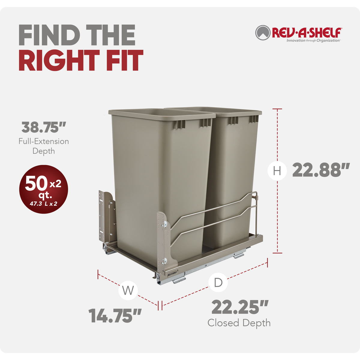 Rev-A-Shelf Double Pullout Trash Cans 50 qt. with Soft-close, 53WC-2150SCDM-212