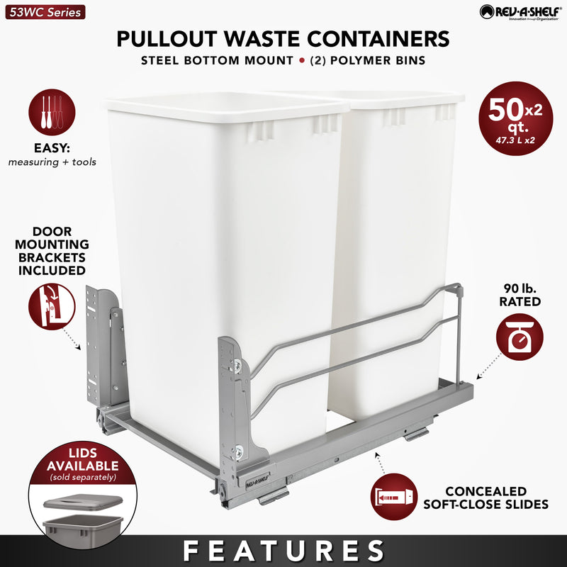 Rev-A-Shelf Double Pull Out Trash Can 50 Qt with Soft-Close, 53WC-2150SCDM-212