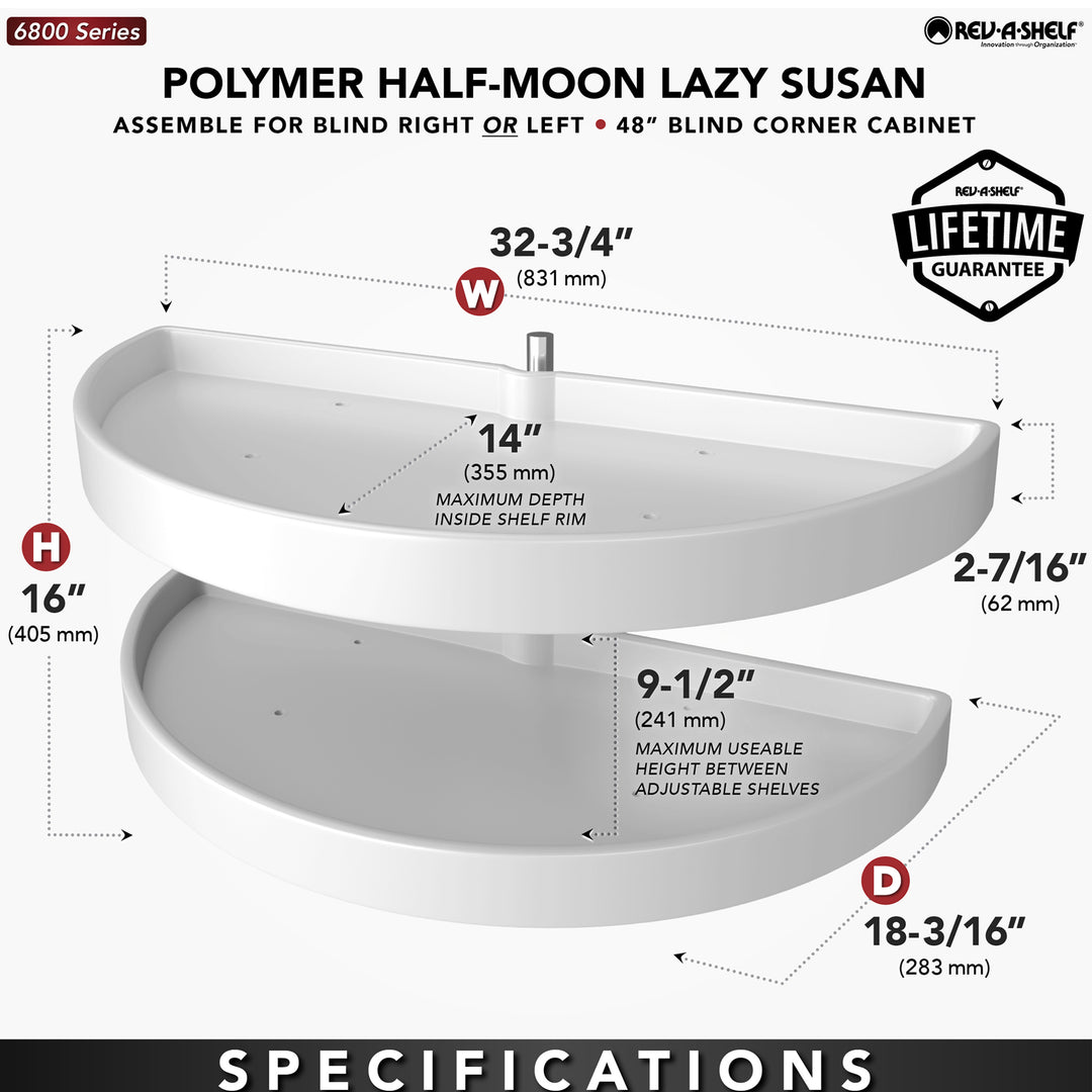 Rev-A-Shelf 33" Lazy Susan Half-Moon Polymer Two-Tier Blind Cabinet 6882-33-11-570