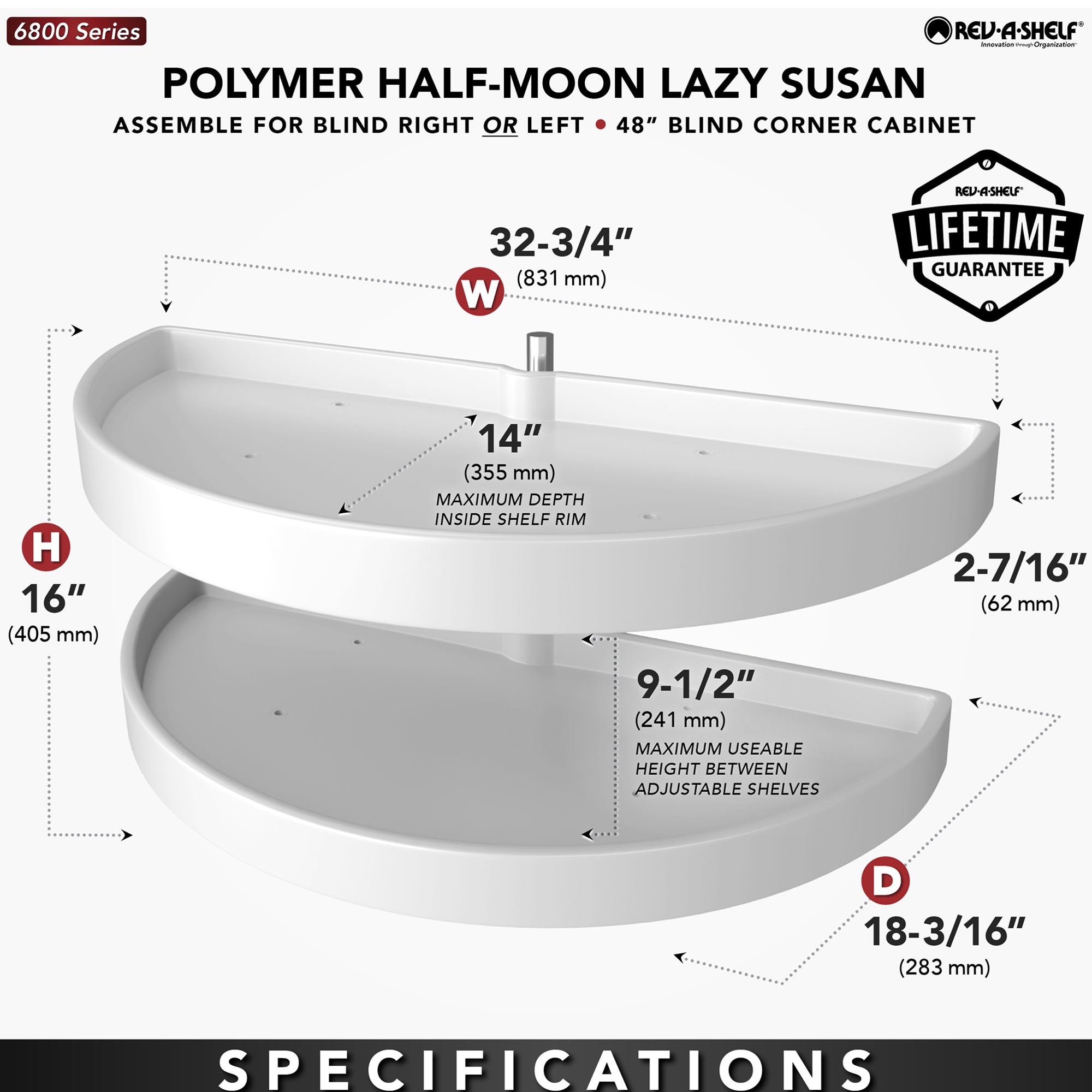 Rev-A-Shelf 33" Lazy Susan Half-Moon Polymer Two-Tier Blind Cabinet 6882-33-11-570 - VMInnovations