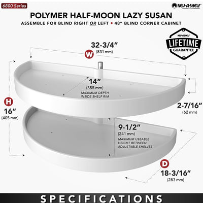 Rev-A-Shelf 33" Lazy Susan Half-Moon Polymer 2-Tier Blind Cabinet 6882-33-11-570