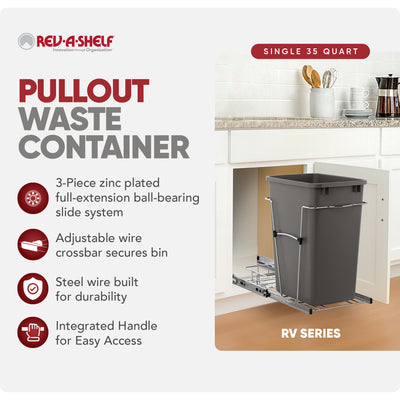 Rev-A-Shelf Pullout Trash Can 35 qt. for Kitchen Cabinets, Gray, RV-12KD-13C-S