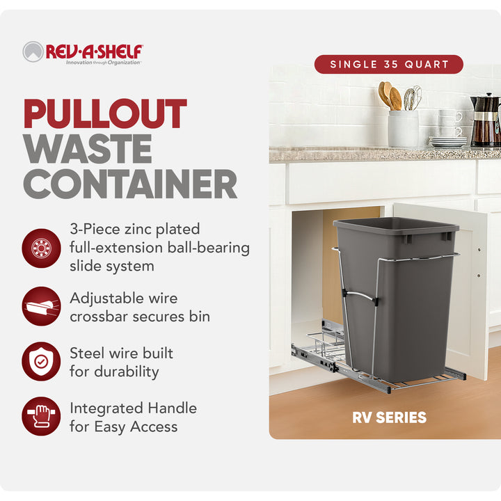 Rev-A-Shelf Pullout Trash Can 35 qt. for Kitchen Cabinets, Gray, RV-12KD-13C-S - VMInnovations