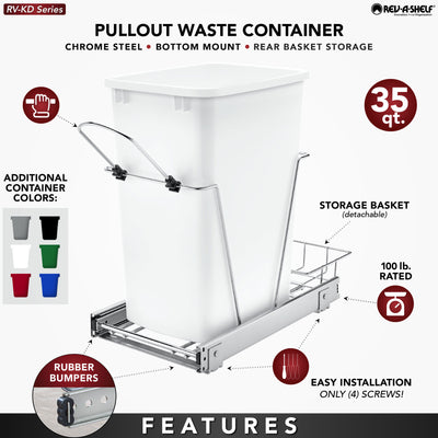 Rev-A-Shelf Pull Out Trash Can 35 Qt for Kitchen Cabinets, Gray, RV-12KD-13C-S