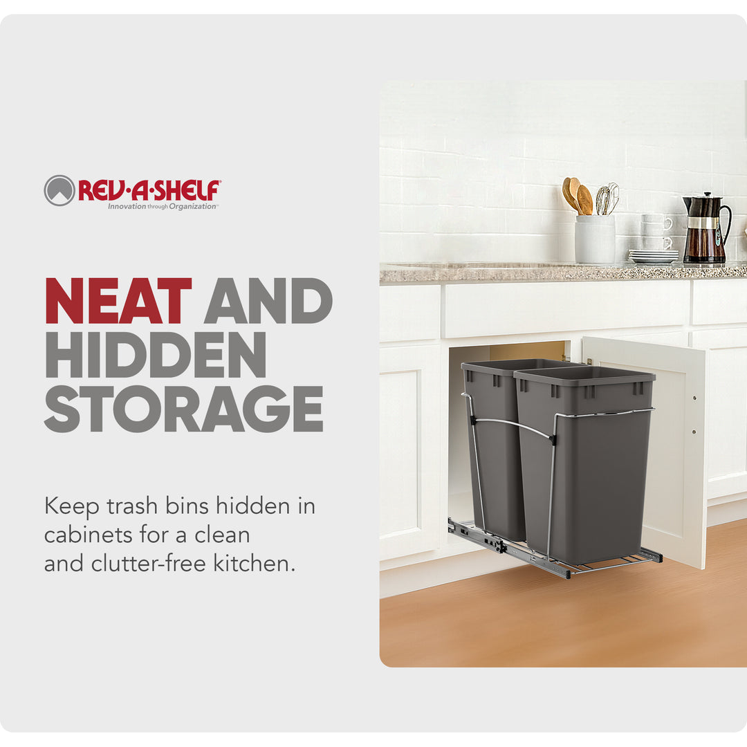 Rev-A-Shelf Double Pullout Trash Can 27 qt. for Kitchen, Gray, RV-15KD-13C-S
