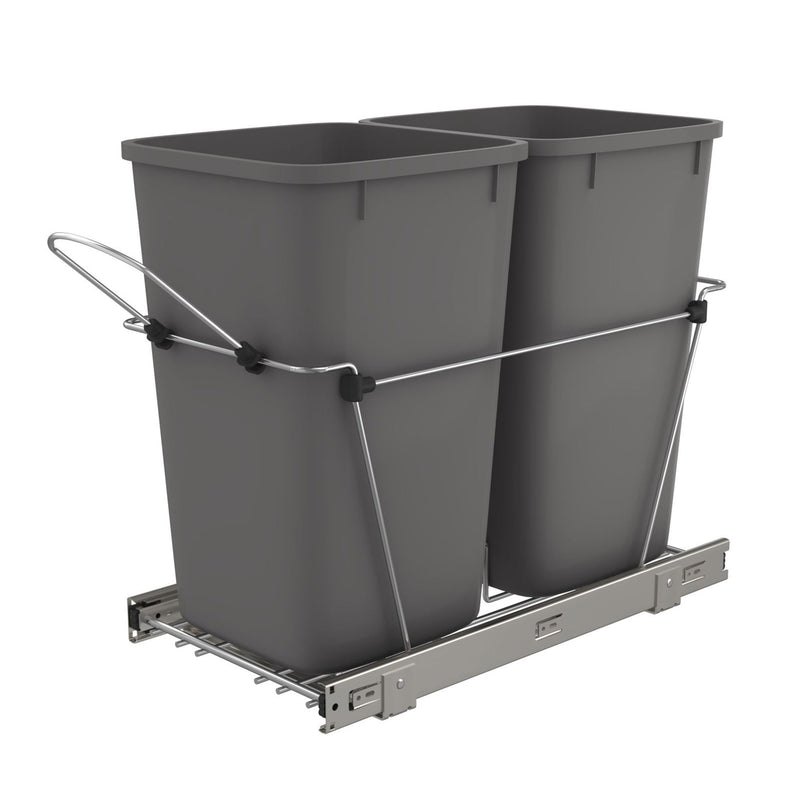 Rev-A-Shelf Double Pullout Trash Can 27 qt. for Kitchen, Gray, RV-15KD-13C-S