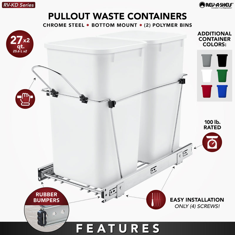 Rev-A-Shelf Double Pullout Trash Can 27 qt. for Kitchen, Gray, RV-15KD-13C-S