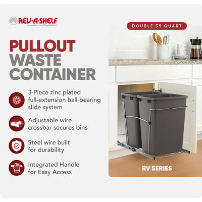 Rev-A-Shelf Double Pullout Trash Can 35 qt. for Kitchen, Gray, RV-18KD-13C-S