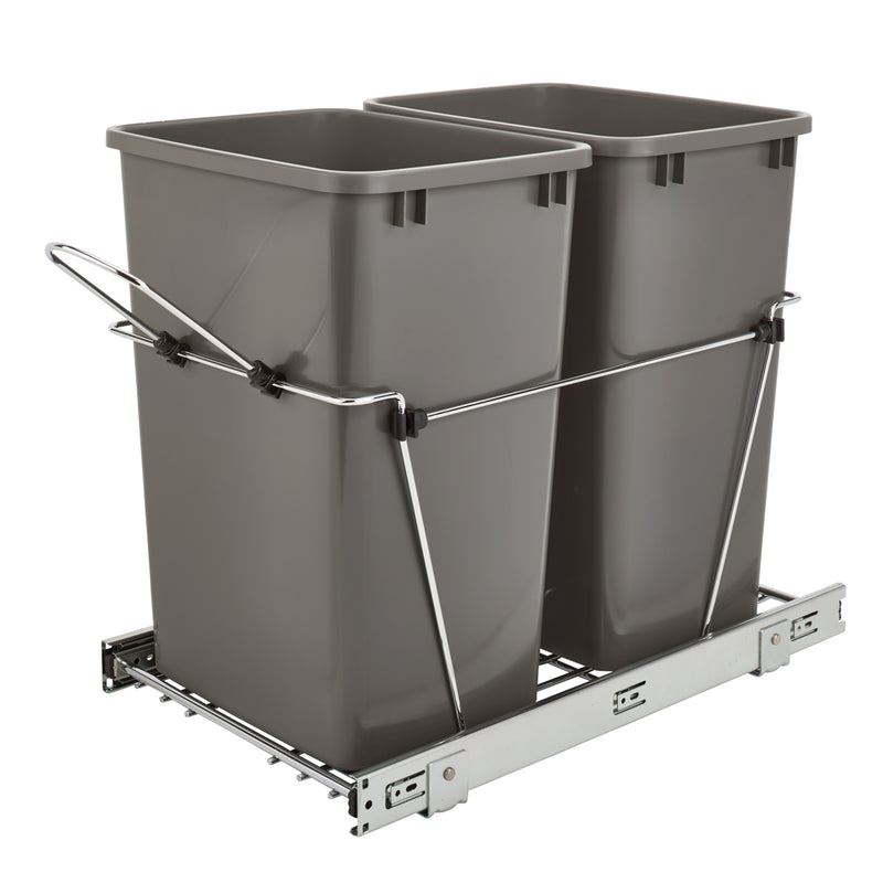 Rev-A-Shelf Double Pull Out Trash Can 35 Qt for Kitchen, Gray, RV-18KD-13C-S