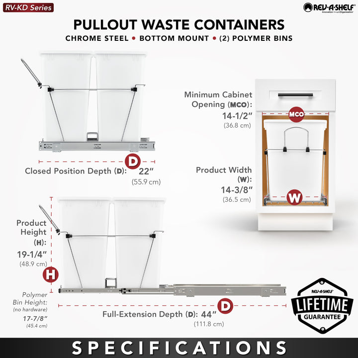 Rev-A-Shelf Double Pullout Trash Can 35 qt. for Kitchen, Gray, RV-18KD-13C-S