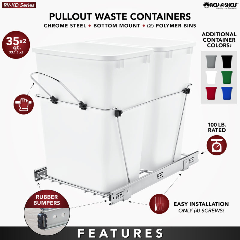 Rev-A-Shelf Double Pull Out Trash Can 35 Qt for Kitchen, Gray, RV-18KD-13C-S