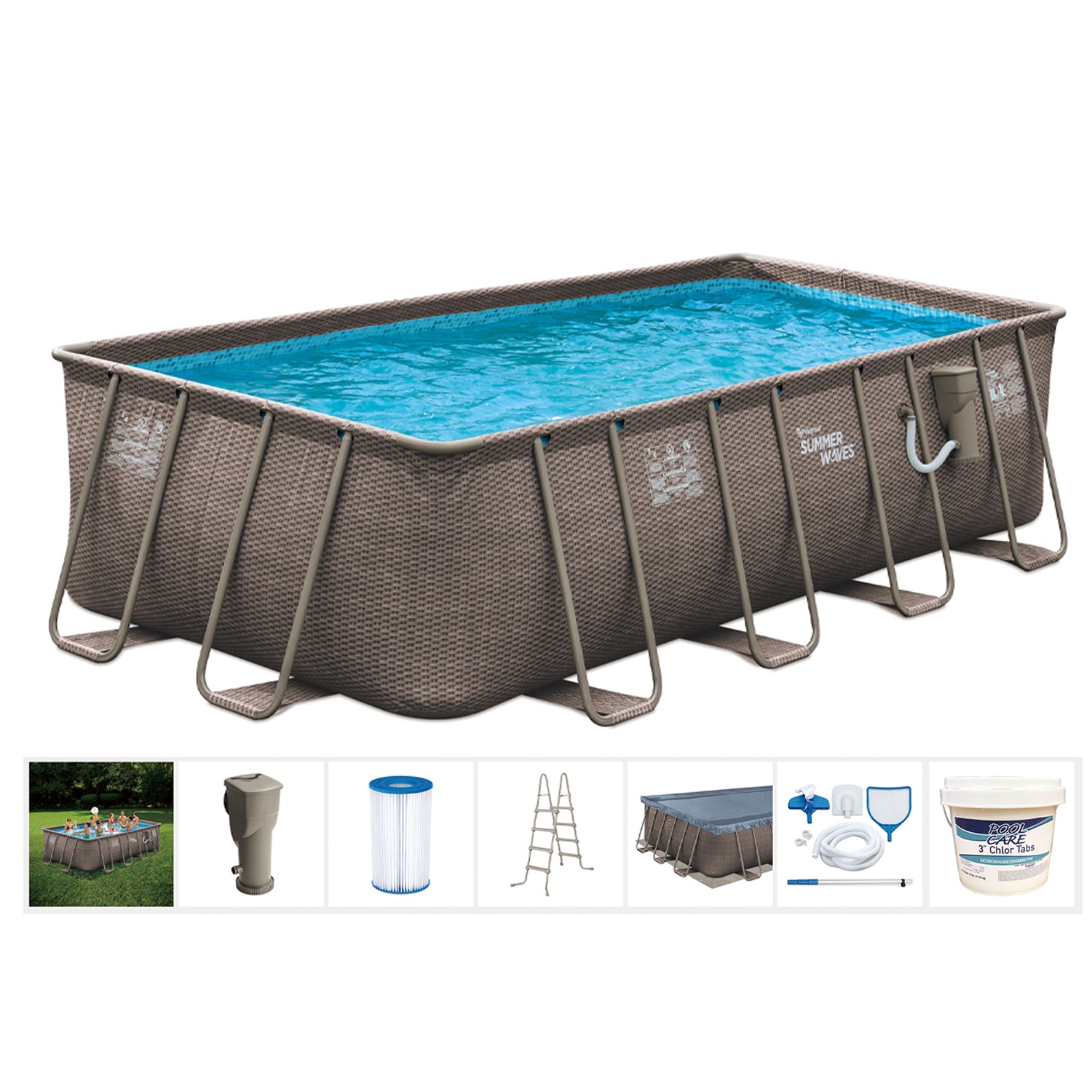 Summer Waves 18ft x 9ft x 52in Above Ground Rectangle Frame Swimming Pool Set