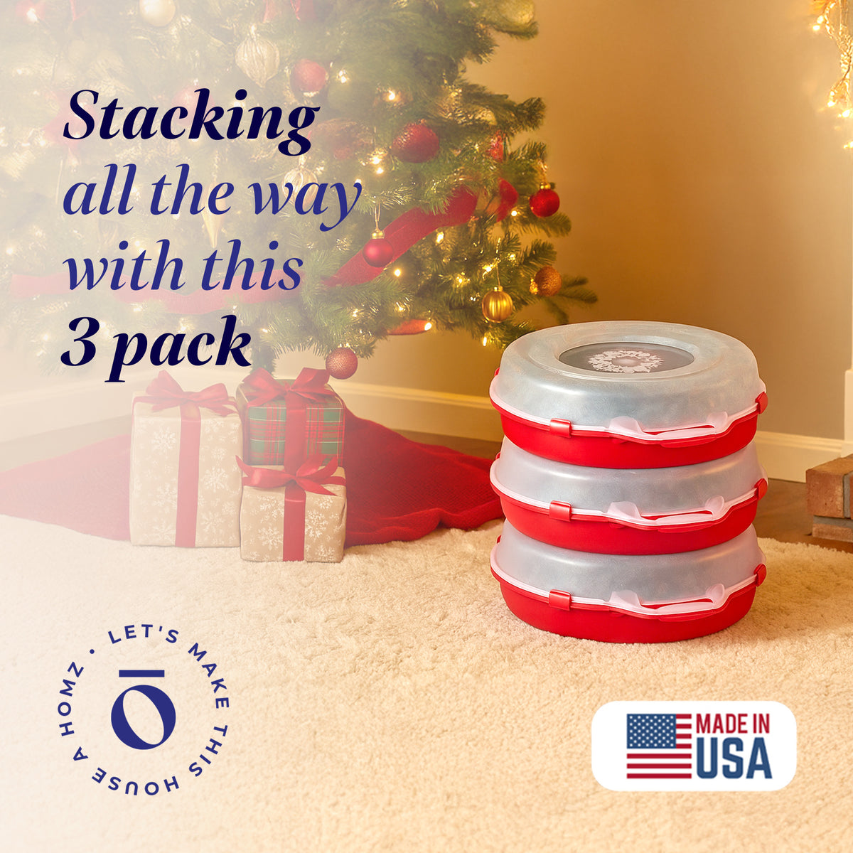 Homz 24 Inch Seasonal Holiday Christmas Plastic Wreath Storage Box, Red Set of 3
