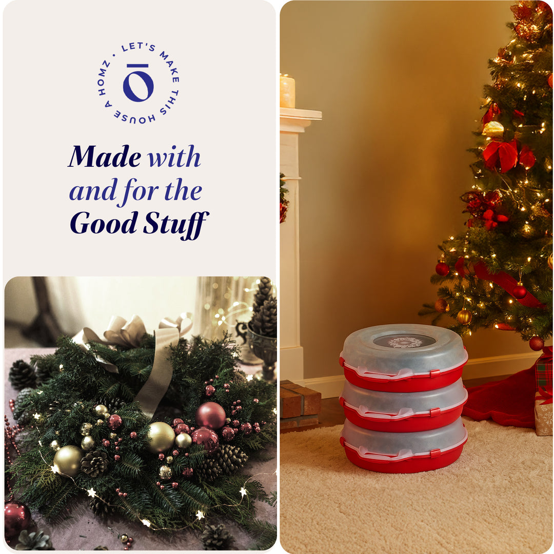 Homz 24" Holiday Christmas Plastic Wreath Storage Box, Red Set of 3(Open Box)