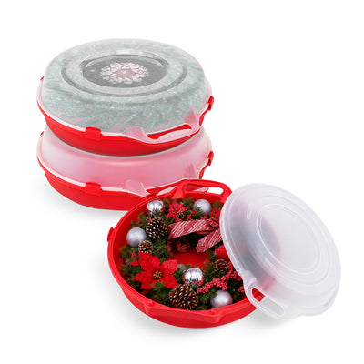 Homz 24 Inch Seasonal Holiday Christmas Plastic Wreath Storage Box, Red Set of 3